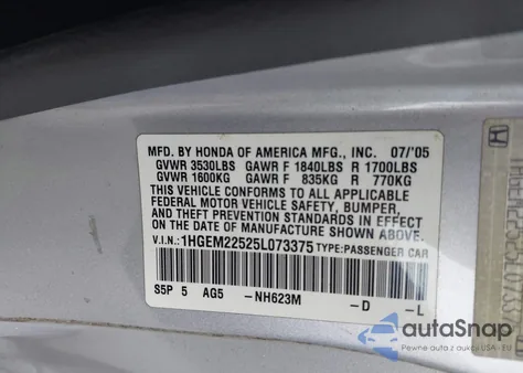 2005 Honda Civic Lx from USA, damaged, VIN 1HGEM22525L073375